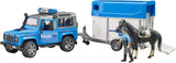 2588 - BRUDER - Land Rover Defender Polizia con rimorchio, cavallo e poliziotto