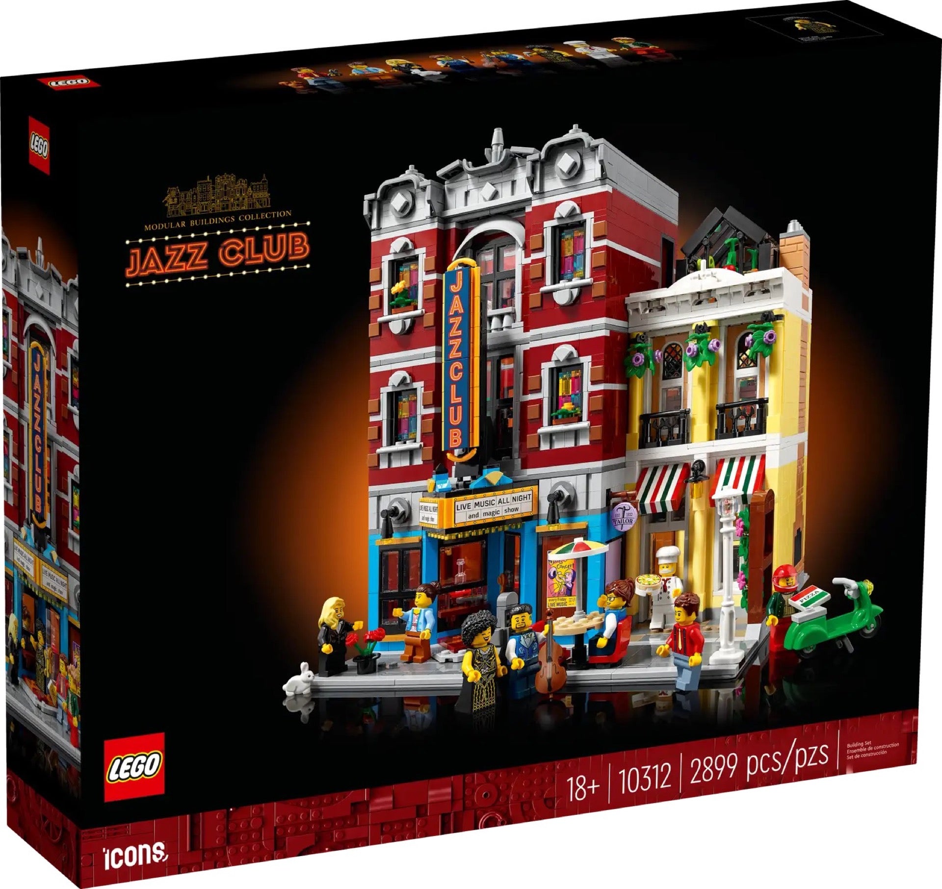 Lego icons 10312 jazz club, set con 5 sezioni, palco e minifigure della band