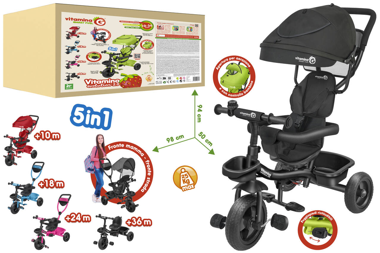Globo 05621 Triciclo Evolutivo 5 in 1 . Passeggino e Triciclo in Metallo Nero