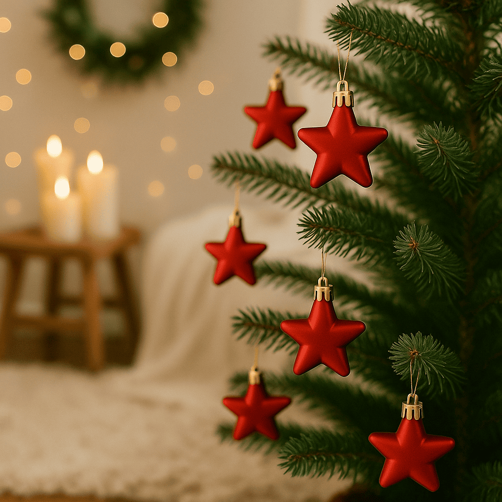 MV5012-2S Palle di Natale Rosse Satinate con Stelle 5 cm 12 pz in PVC