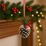 Pigna innevata con funghi e bacche Set 2 pezzi decorativi 8 cm in box SM-D1402