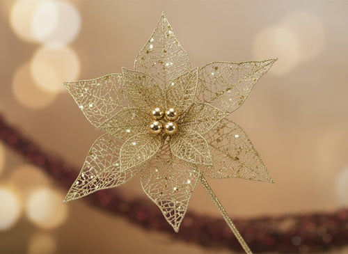 Fiore Natalizio Retinato Oro 25 cm Decorazione Elegante per Albero e Allestiment