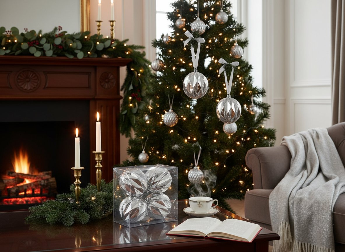 Palle di Natale Silver 10 cm Set 4 pz | Decorazioni Albero Decoro Rombi in Box