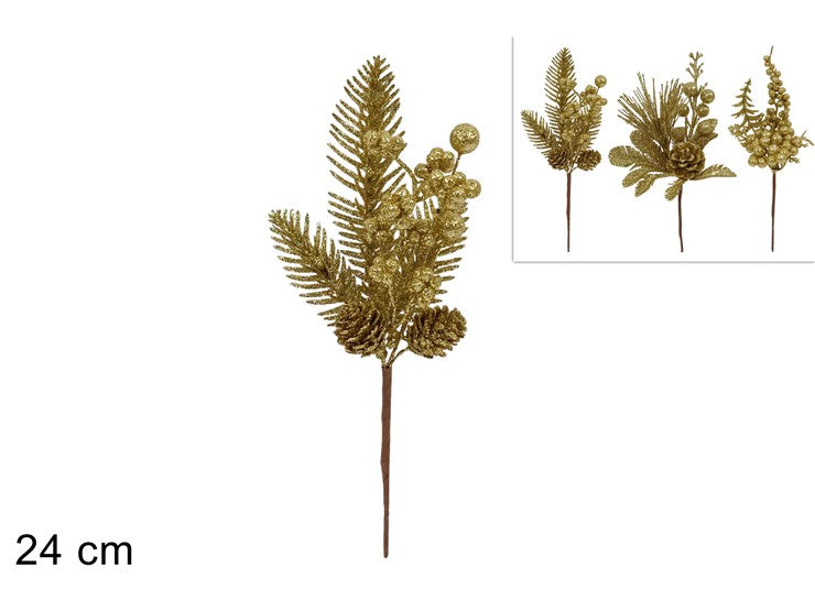 STELO RAMETTI GLITTERATI CON BACCHE E PIGNE ORO 3ASS SX202582 GOLD