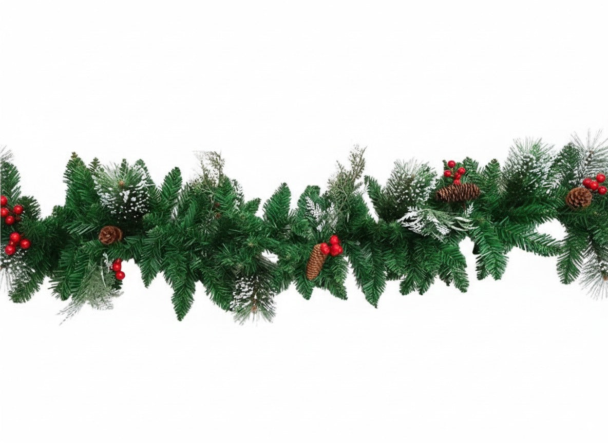 Ghirlanda natalizia innevata 270 cm con 260 punte, bacche e pigne PL25Y7007