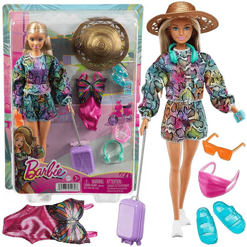 Mattel Barbie Summer Travel Fun Bambola con Valigia, Costume e Cappello 3+