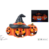 Decorazione Halloween 3 Zucche con Cappello e Luce LED 17,5 cm