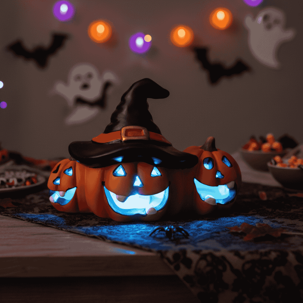 Decorazione Halloween 3 Zucche con Cappello e Luce LED 17,5 cm