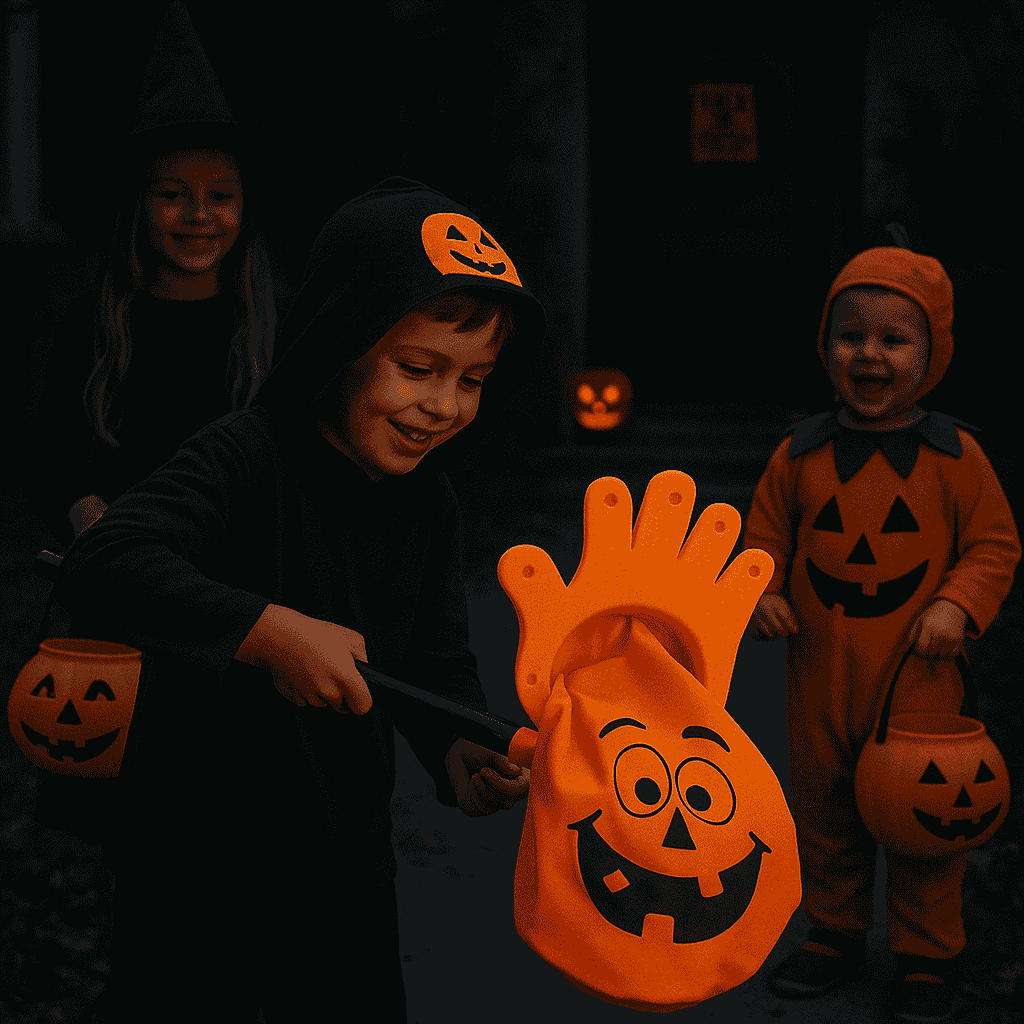 Mano con Sacchetto Halloween dolcetto o scherzetto Zucca e Scheletro 52 cm