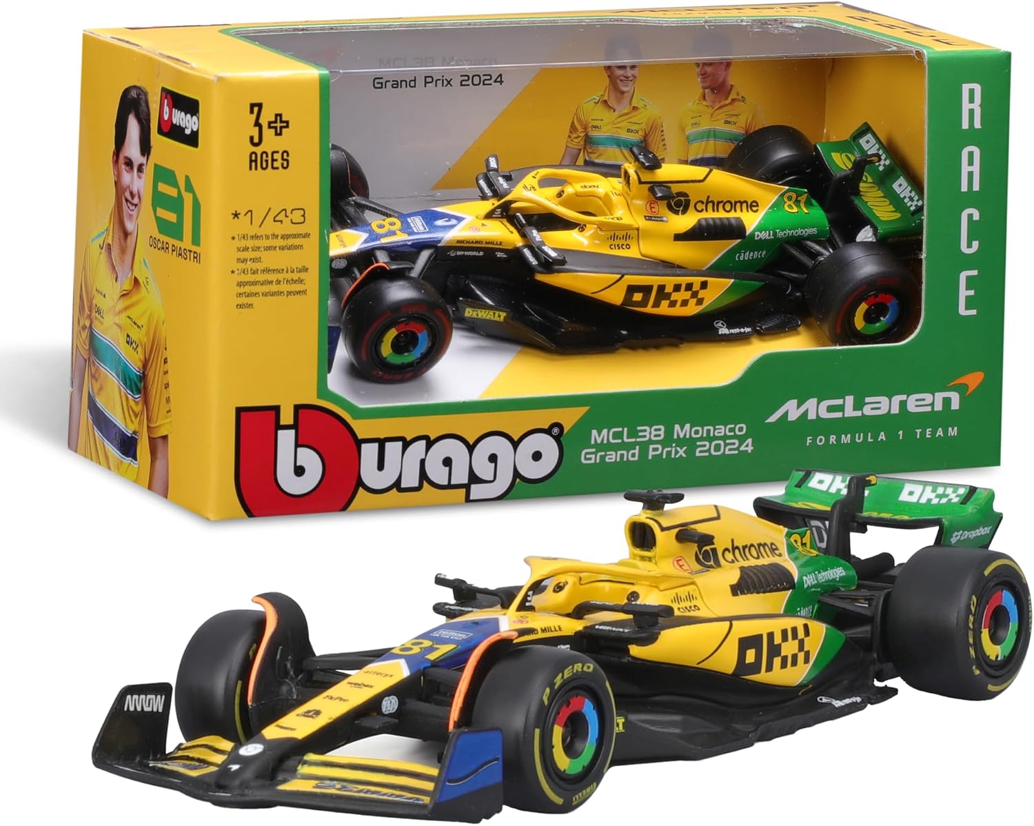 Bburago F1 McLaren MCL38 Monaco #81 Piastri GP 2024 1:43 Tributo Livrea Senna