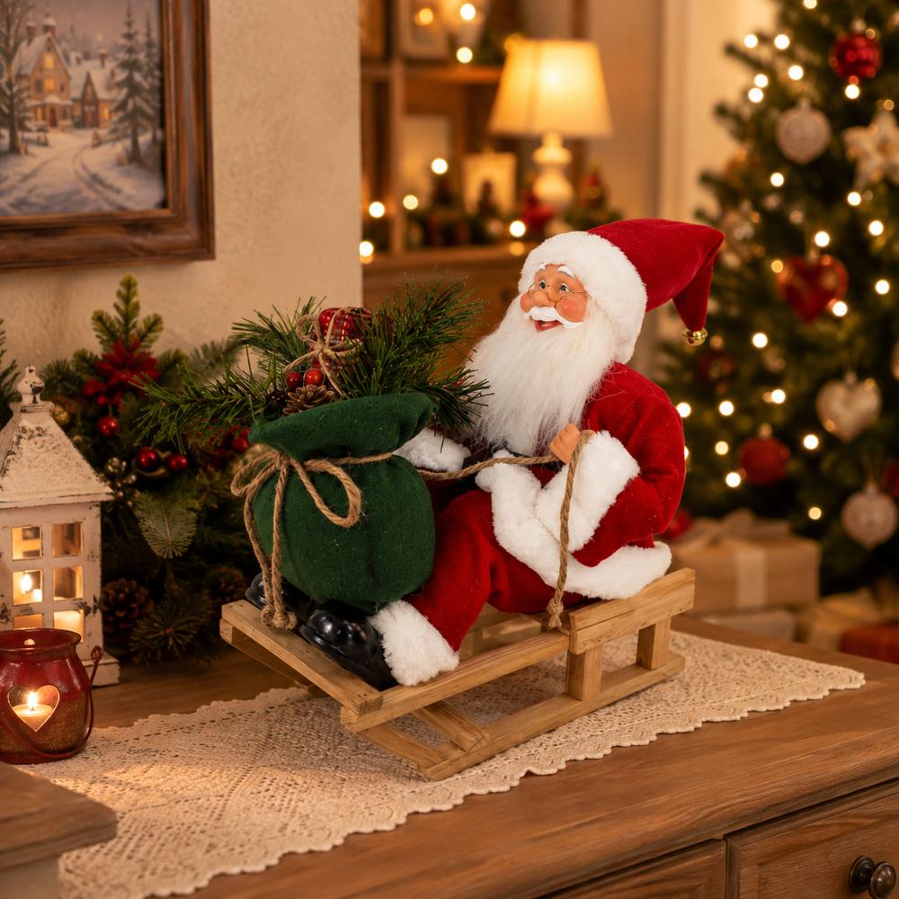 Babbo Natale su Slitta in Legno con Sacco dei Regali 38 cm Decorazione Natalizia