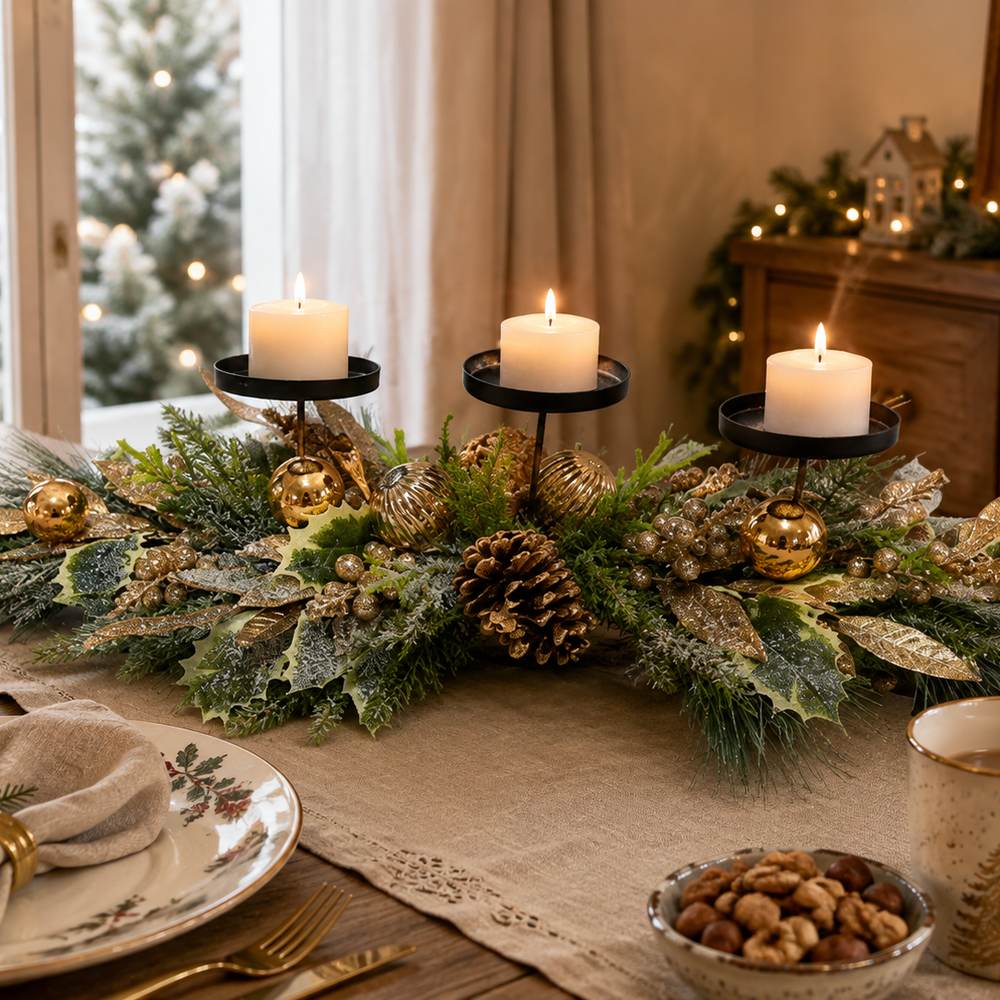 Centrotavola Natalizio 90 cm con 3 Portacandele, Foglie e Palline Oro ESX25155