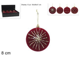 Display 12 Palline di Natale 8 cm in Velluto Bordeaux con Glitter Oro 4 Sogget