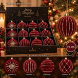 Display 12 Palline di Natale 10 cm in Velluto Bordeaux con Glitter Oro 4 Soggett