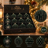 Display 12 Palline di Natale 8 cm in Velluto Verde con Glitter Oro 4 Soggetti