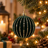 Display 12 Palline di Natale 8 cm in Velluto Verde con Glitter Oro 4 Soggetti