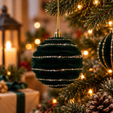 Display 12 Palline di Natale 10 cm in Velluto Verde con Glitter Oro 4 Soggetti