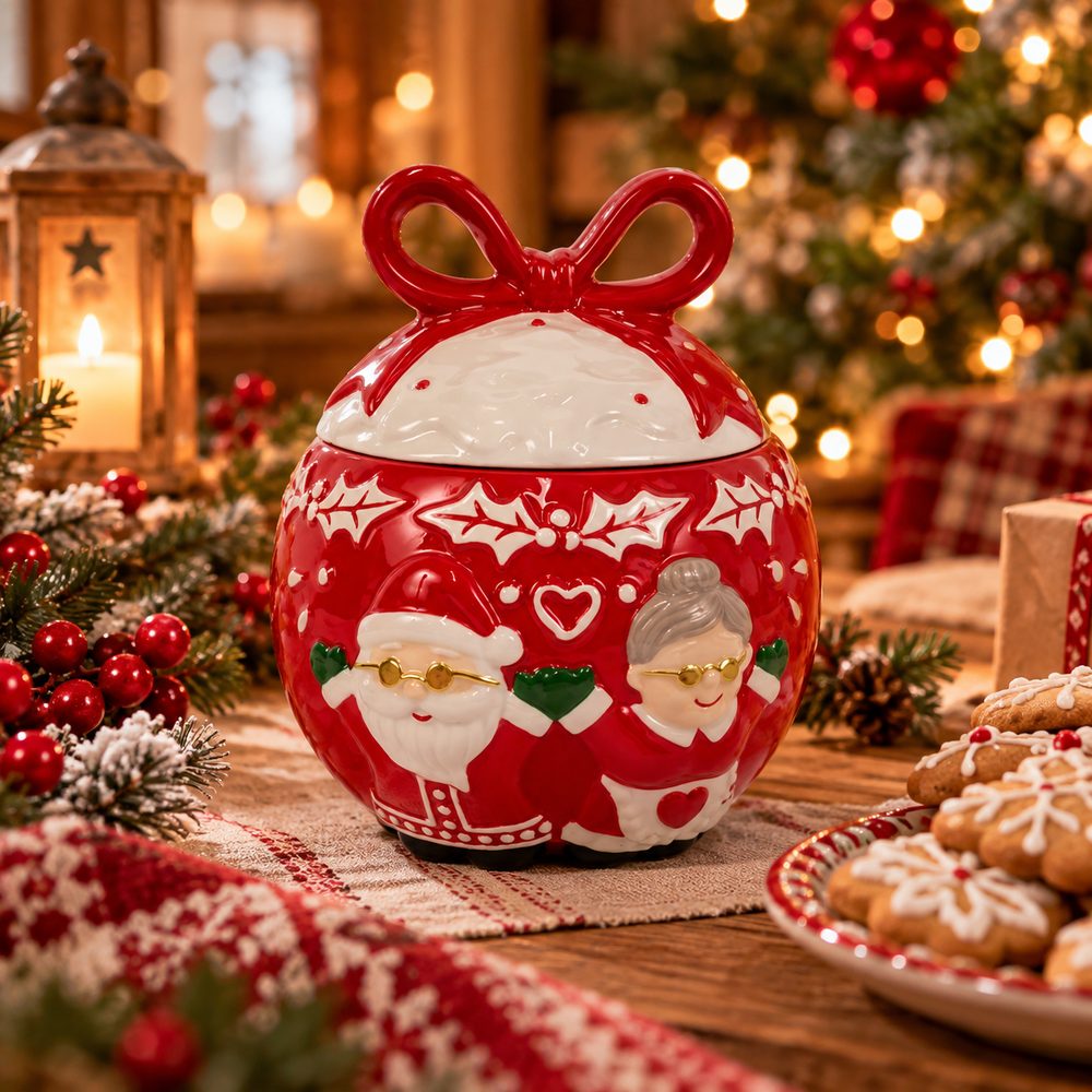 Barattolo Palla Natalizia in Ceramica 23 cm Babbo e Nonna Natale Modello Casuale