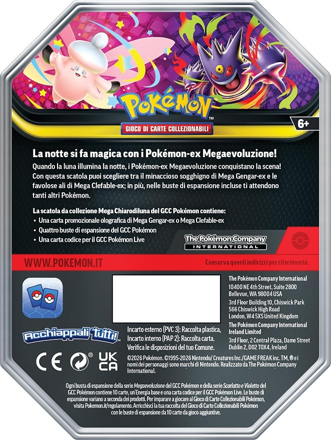 Pokemon Tin da Collezione Mega Chiarodiluna 2026 Mega Gengar-Ex del GCC