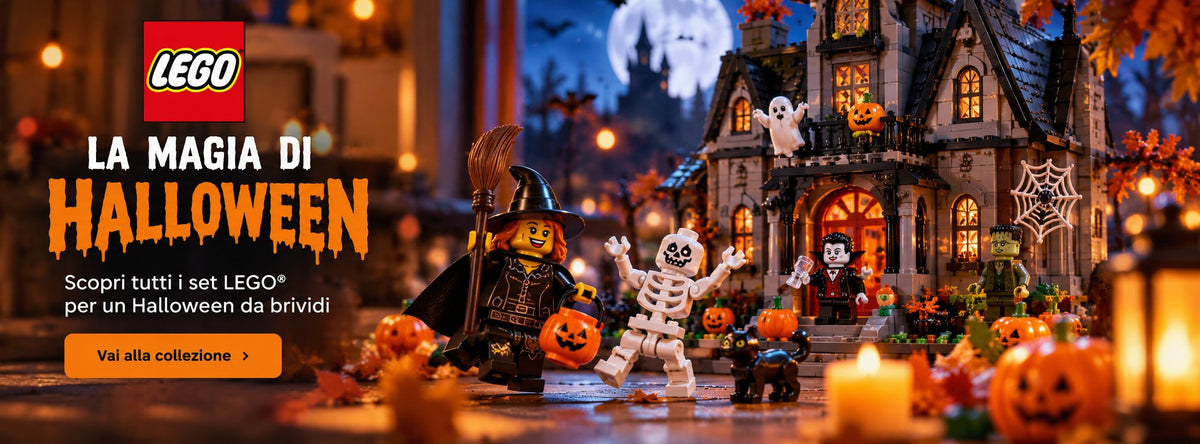 Banner LEGO Halloween FullToys con casa stregata e minifigure
