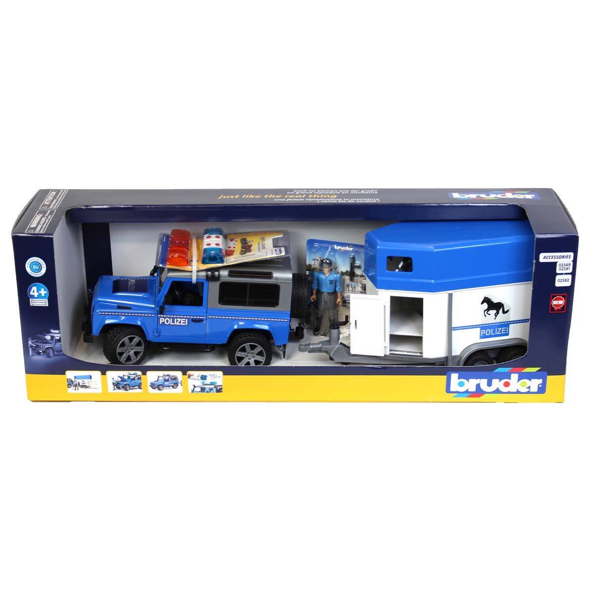 2588 - BRUDER -  Land Rover Defender Polizia con rimorchio, cavallo e poliziotto