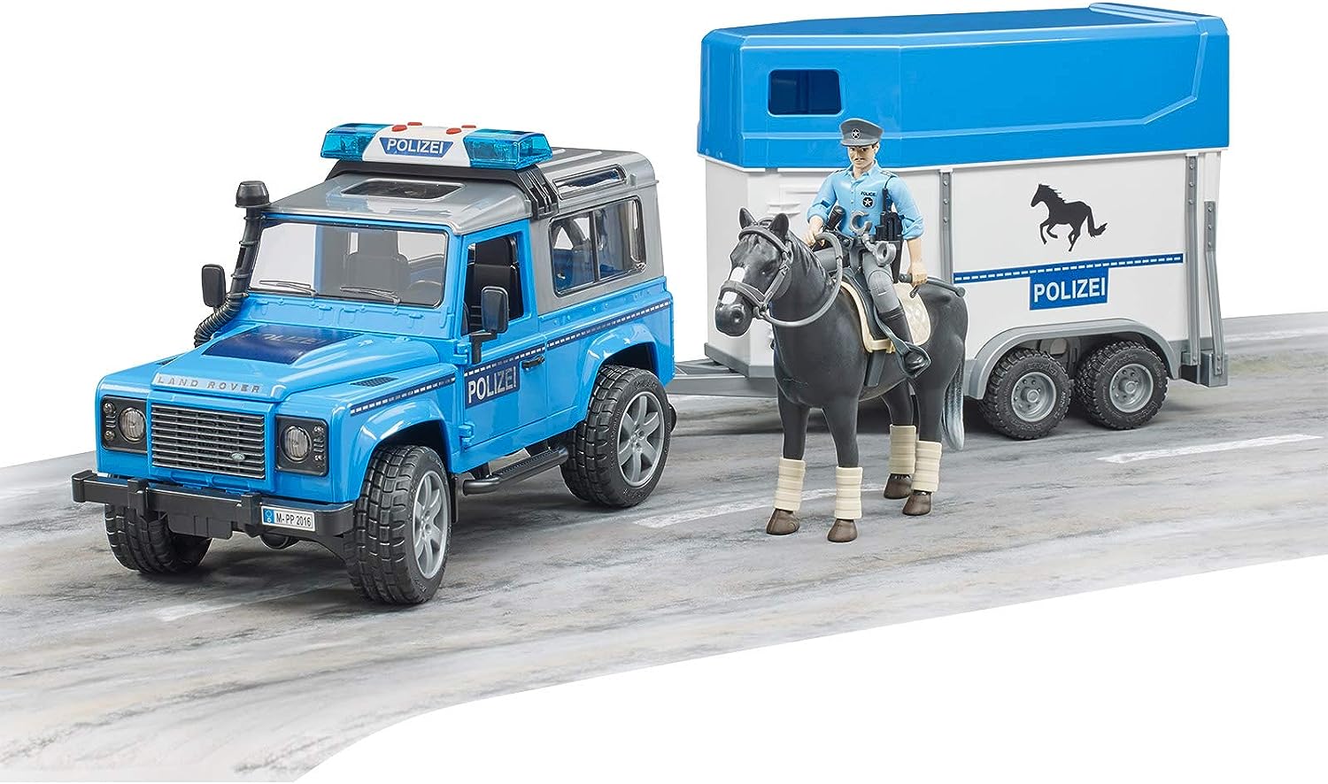 2588 - BRUDER -  Land Rover Defender Polizia con rimorchio, cavallo e poliziotto