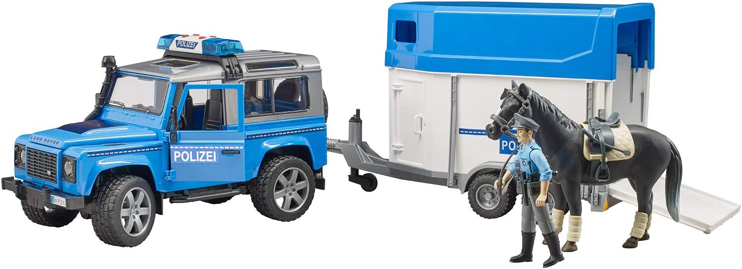 2588 - BRUDER -  Land Rover Defender Polizia con rimorchio, cavallo e poliziotto