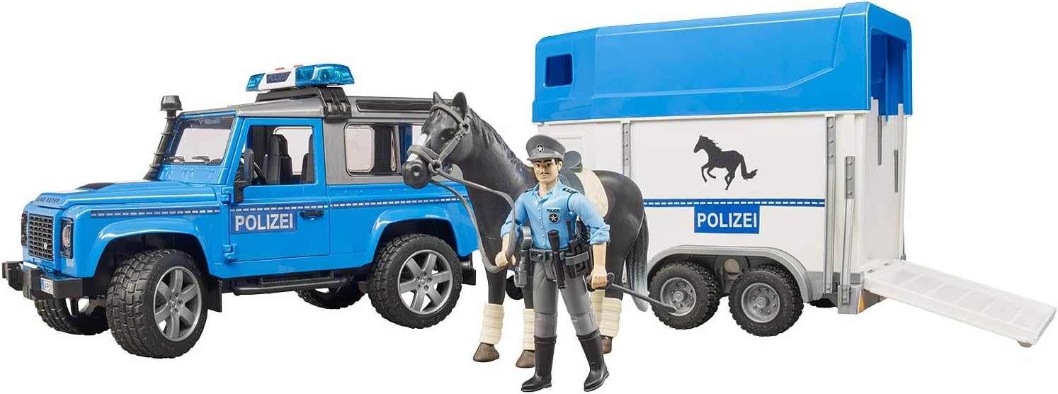 2588 - BRUDER -  Land Rover Defender Polizia con rimorchio, cavallo e poliziotto