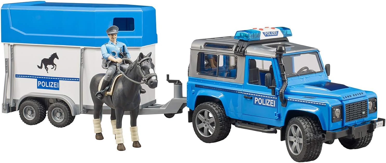 2588 - BRUDER -  Land Rover Defender Polizia con rimorchio, cavallo e poliziotto