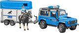 2588 - BRUDER -  Land Rover Defender Polizia con rimorchio, cavallo e poliziotto