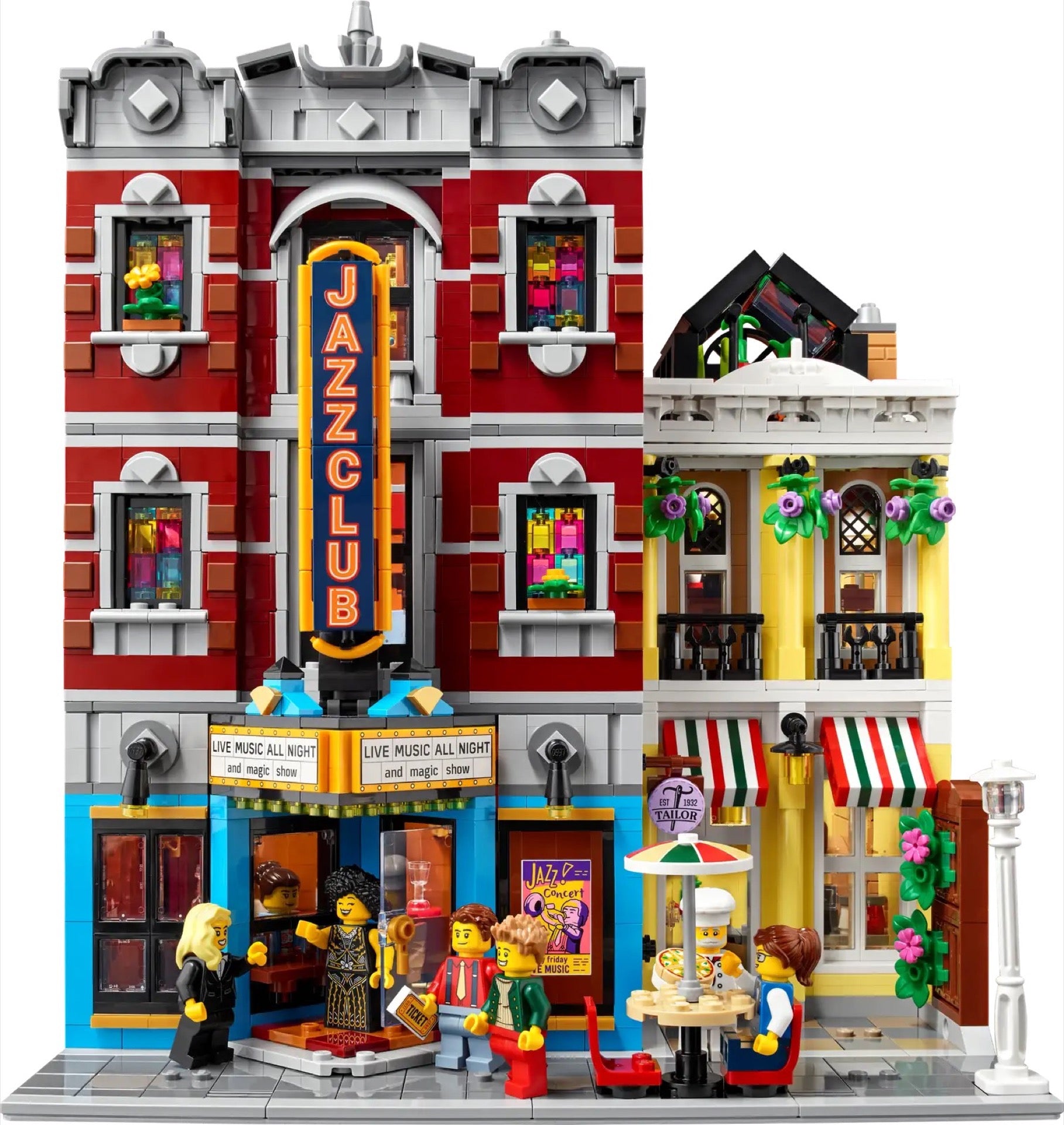 Lego icons 10312 jazz club, set con 5 sezioni, palco e minifigure della band