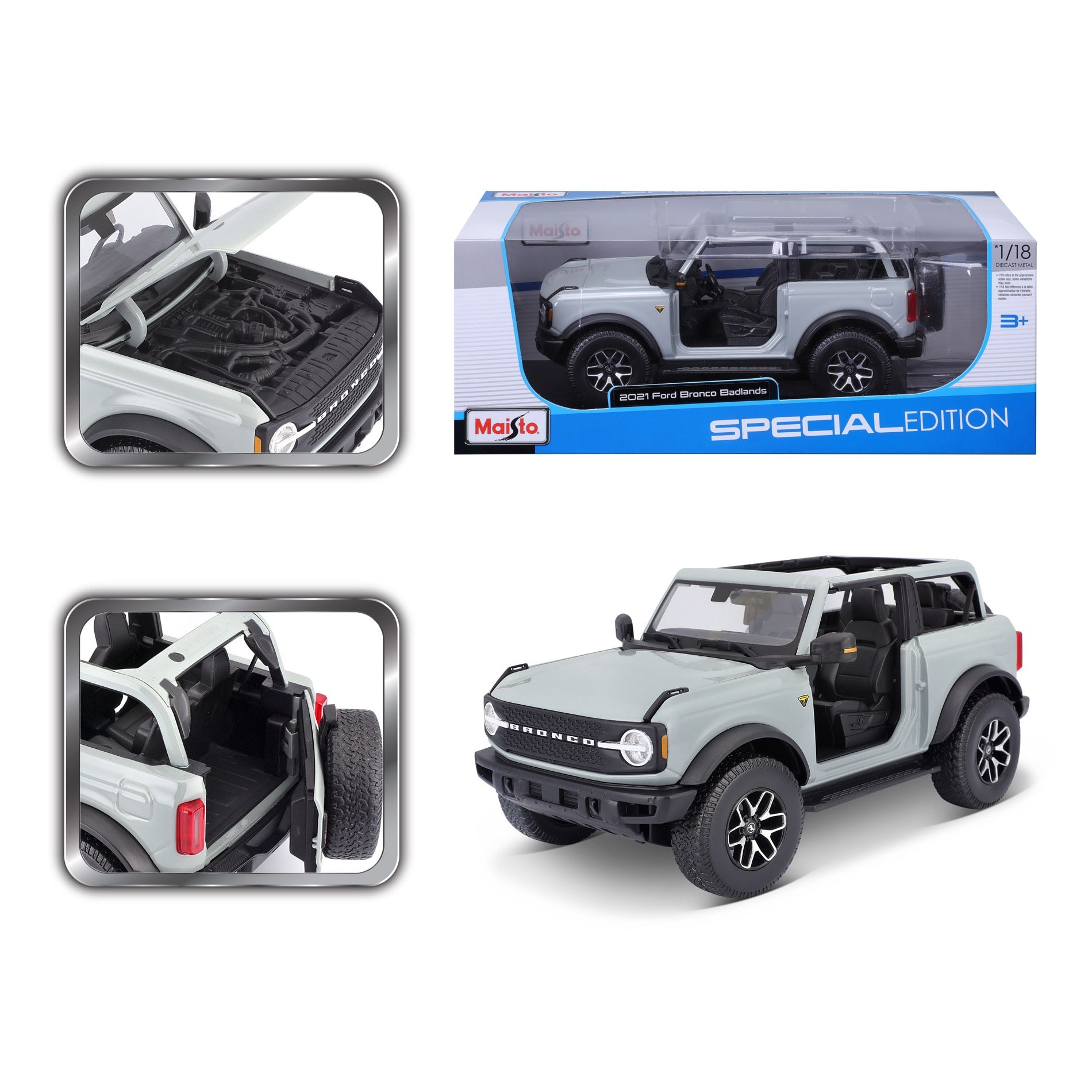 10-31457 Bburago Maisto 1:18 2021 Ford Bronco Badlands (No Door)Grigia