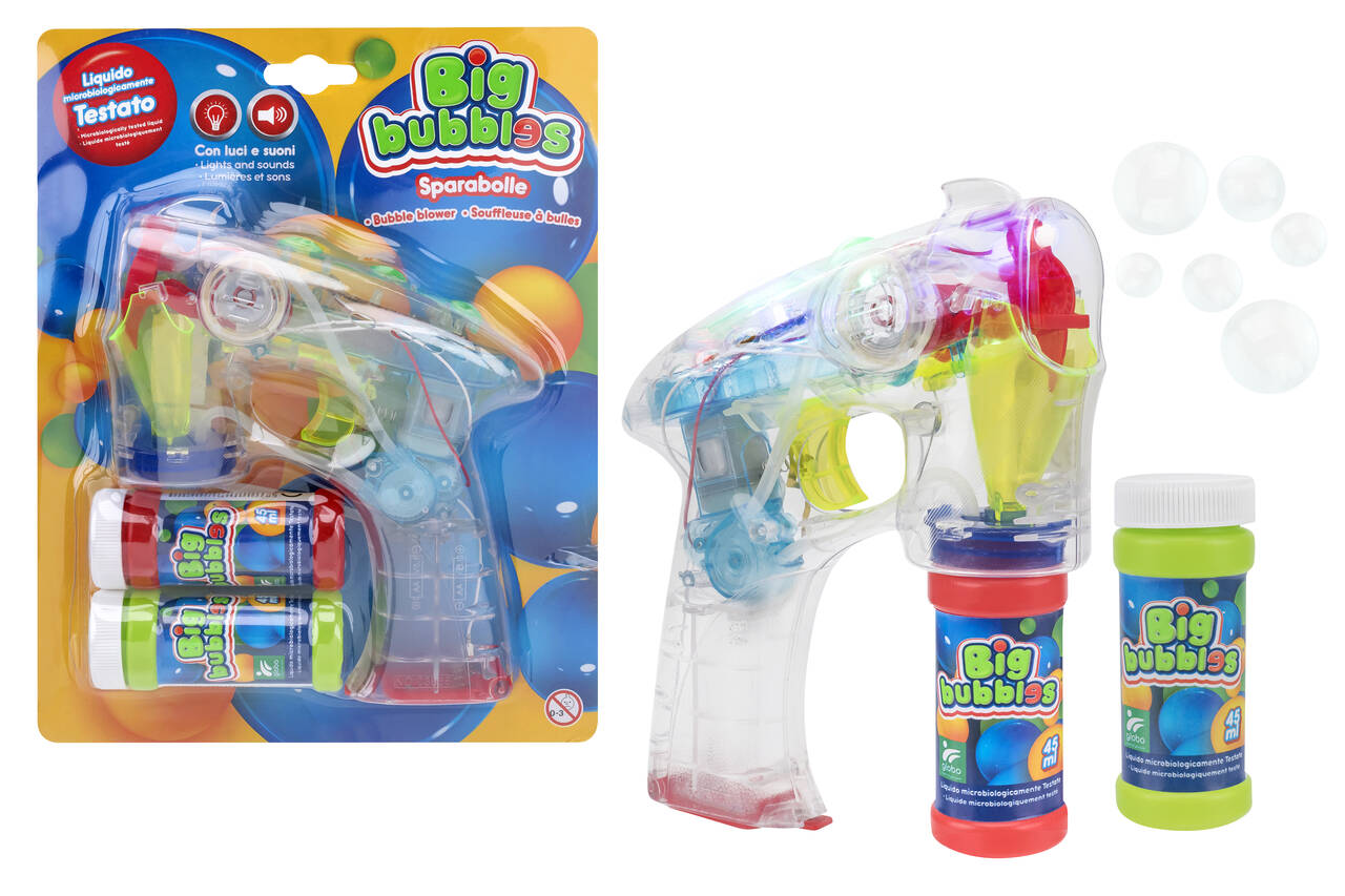 42590Globo Pistola Spara Bolle  con Luci e Suoni  2 Bottiglie da 45 ml incluse