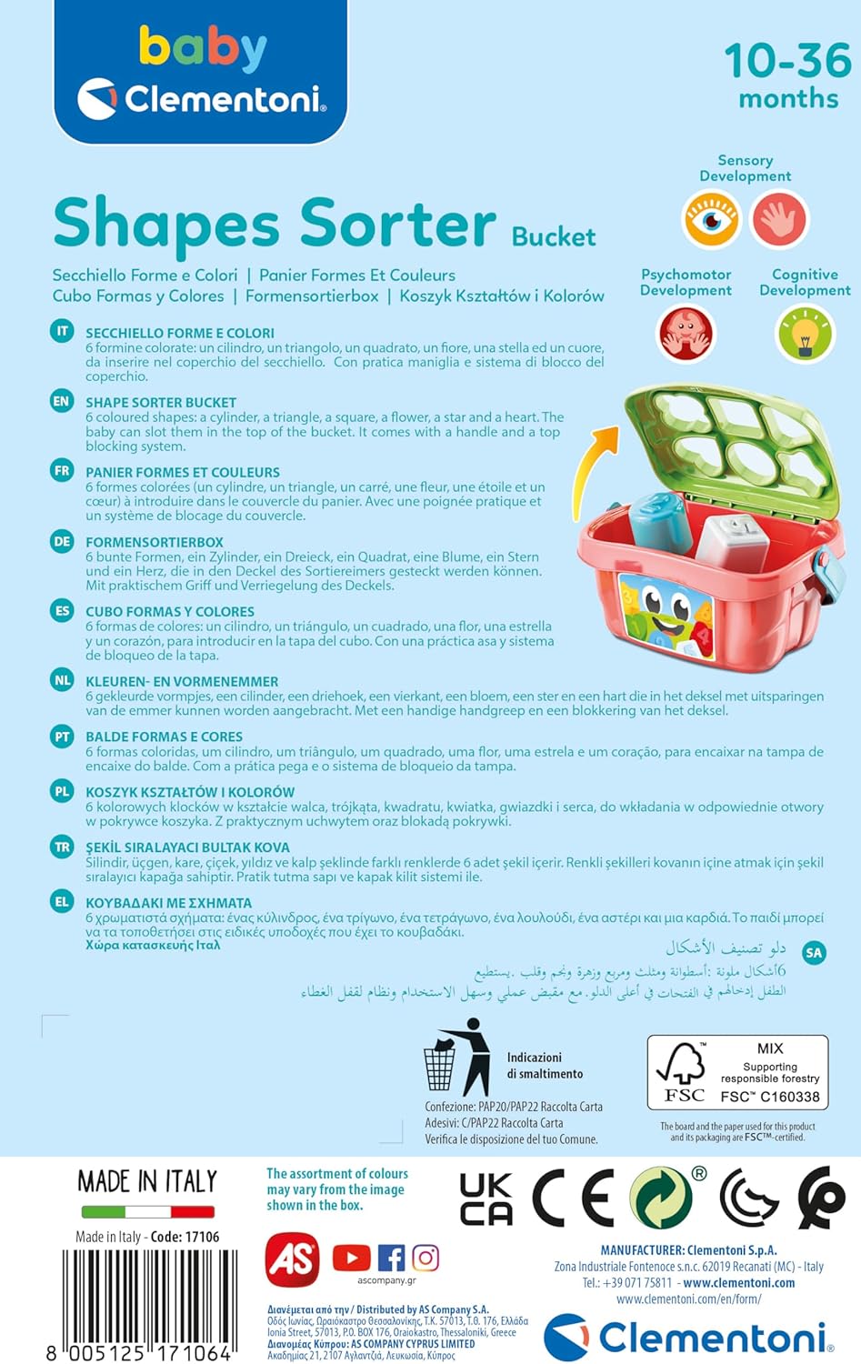 17106.4 Clementoni SECCHIELLO FORME E COLORI Gioco a Incastri 9-36 Mesi