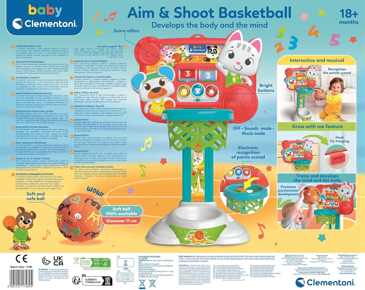 Clementoni Baby Aim & Shoot Basketball  Canestro Interattivo 18+ Mesi