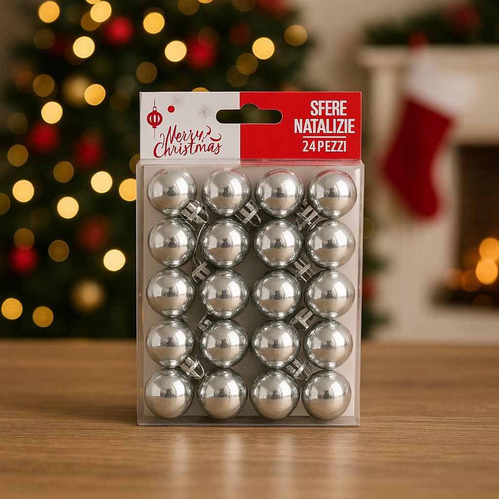 SV2524-01S02 Box 24 Palline di Natale Argento Lucide 2,5 cm decorazioni Albero