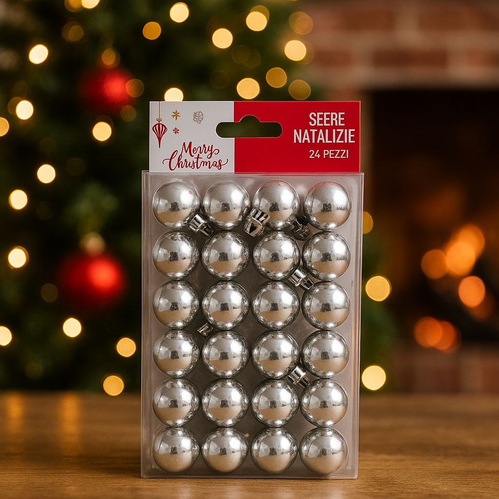 SV2524-01S02 Box 24 Palline di Natale Argento Lucide 2,5 cm decorazioni Albero