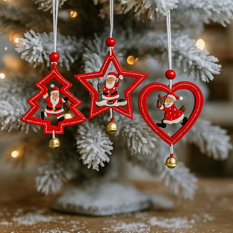 Set 3 decorazioni natalizie in legno rosso con campanellino   SHY-W8575