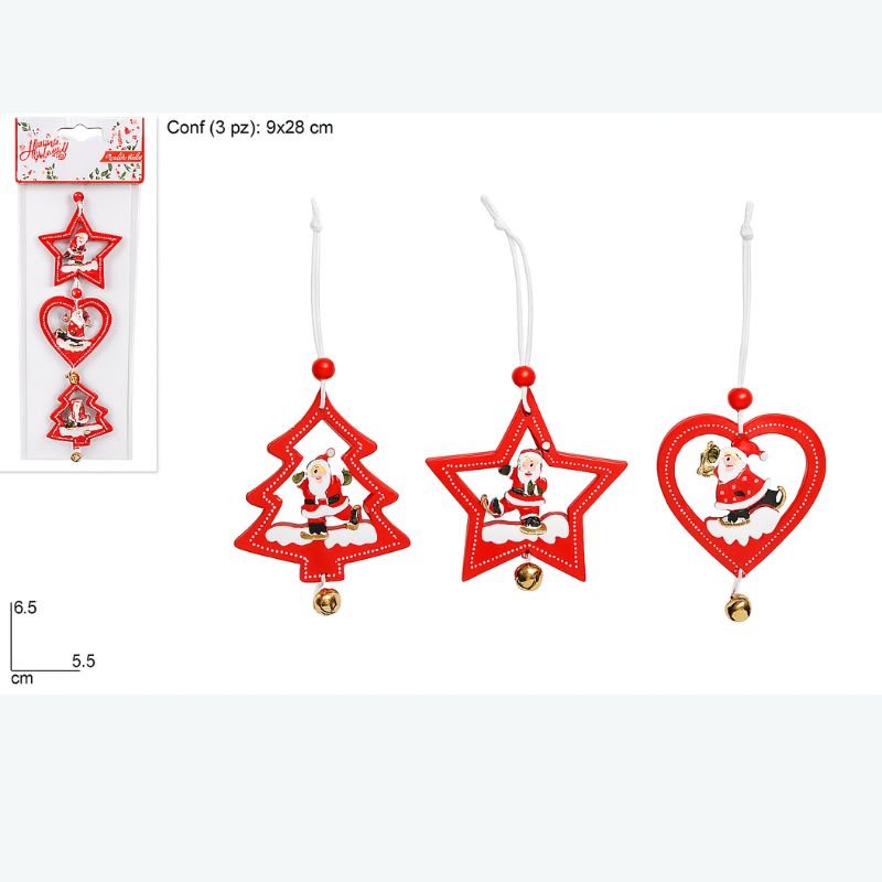 Set 3 decorazioni natalizie in legno rosso con campanellino   SHY-W8575