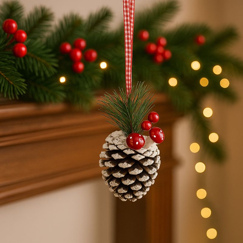 Pigna innevata con funghi e bacche  Set 2 pezzi decorativi 8 cm in box SM-D1402