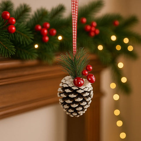 Pigna innevata con funghi e bacche  Set 2 pezzi decorativi 8 cm in box SM-D1402