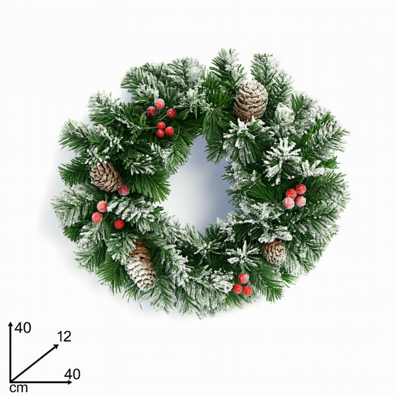 Ghirlanda Natalizia Tonda Innevata Ø40 cm con Pigne e Bacche  WYP1580RCF