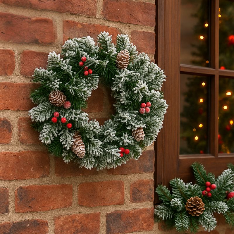 Ghirlanda Natalizia Tonda Innevata Ø40 cm con Pigne e Bacche  WYP1580RCF