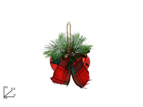 Campanellini Natalizi con Fiocco Scozzese, Rametto e Pigne Colore Rosso CY17096