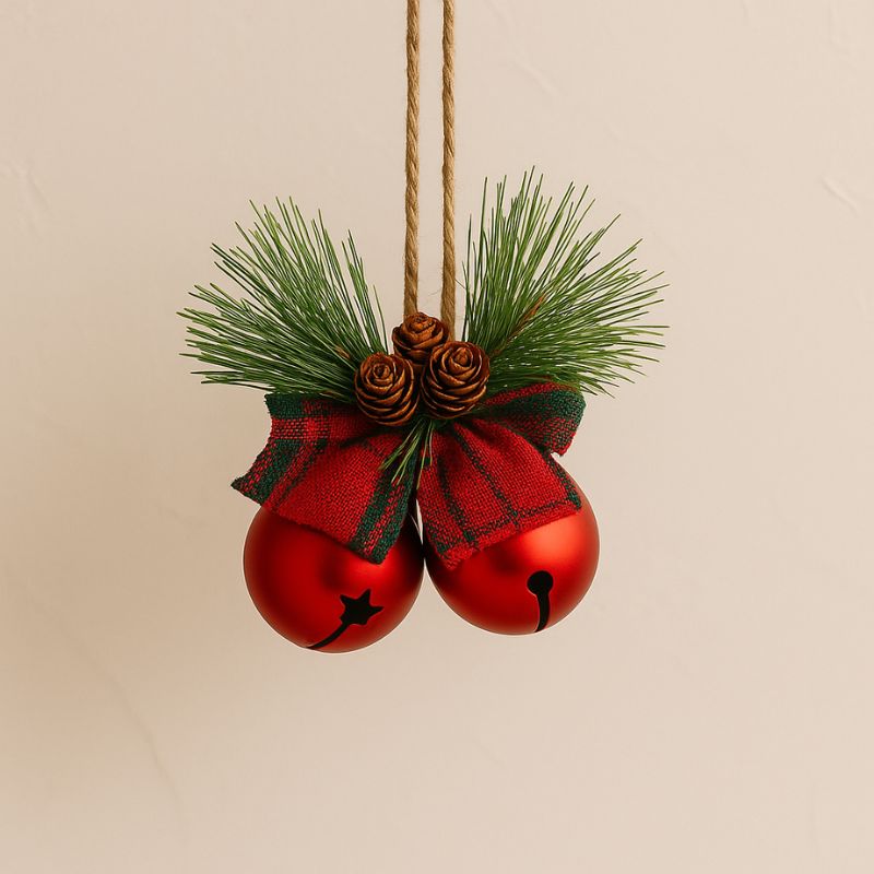 Campanellini Natalizi con Fiocco Scozzese, Rametto e Pigne Colore Rosso CY17096