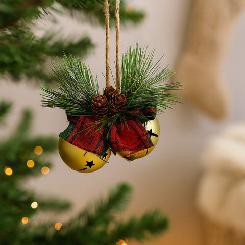 Campanellini Natalizi Oro con Fiocco Scozzese, Rametto e Pigne CY17096/G