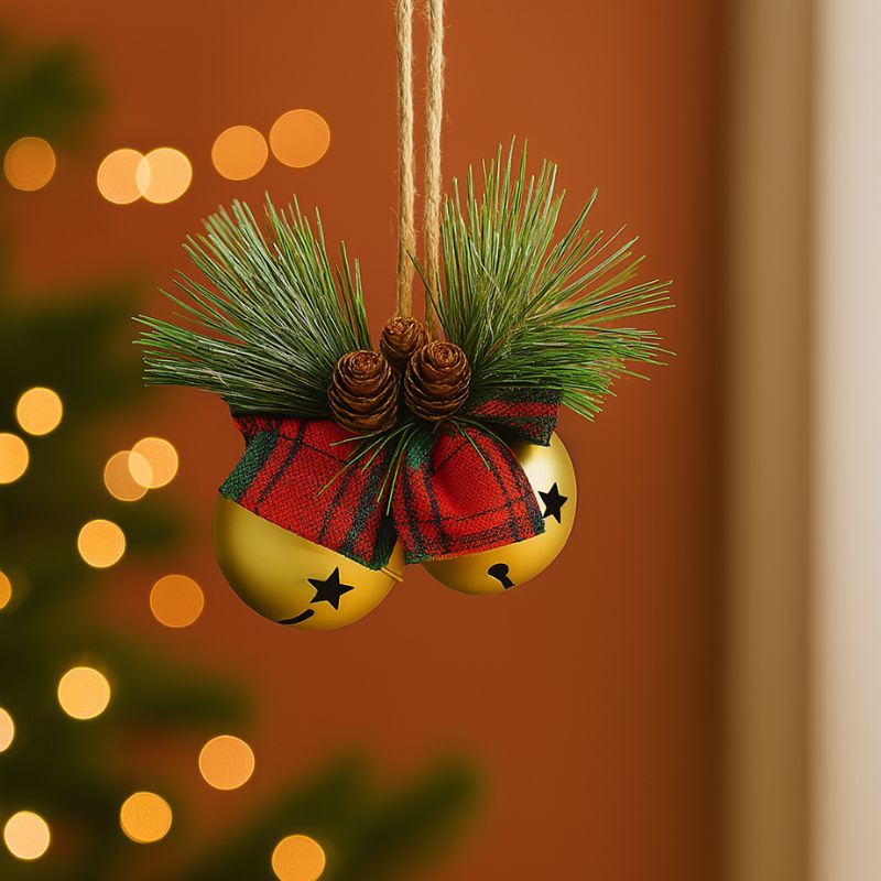 Campanellini Natalizi Oro con Fiocco Scozzese, Rametto e Pigne CY17096/G