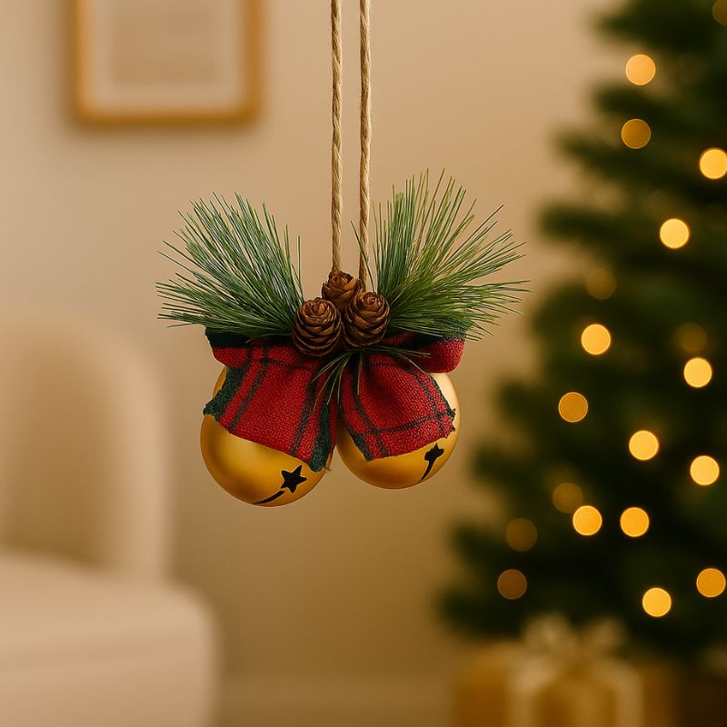 Campanellini Natalizi Oro con Fiocco Scozzese, Rametto e Pigne CY17096/G