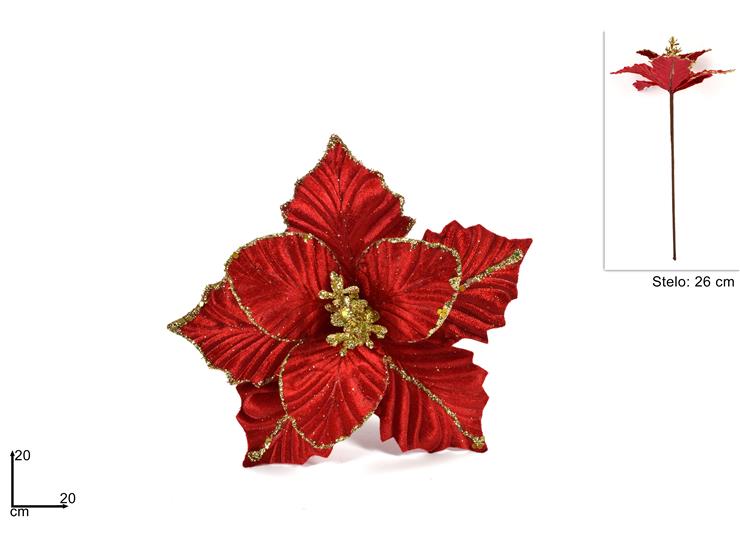 Stelo Fiore Decorativo 20 cm con Glitter Rosso  Addobbo Natalizio BMA-50/RED