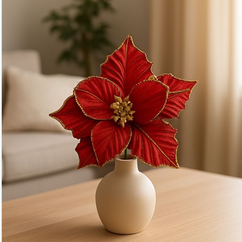 Stelo Fiore Decorativo 20 cm con Glitter Rosso  Addobbo Natalizio BMA-50/RED